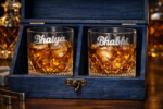 Personalized Silver Whiskey Glass Set with Custom Wooden Box